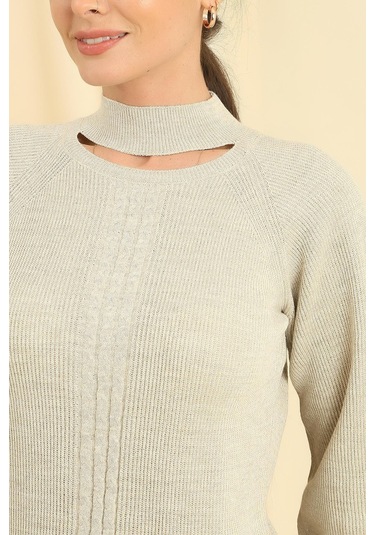 Boyun Dekolteli Saç Örgülü Desen Büyük Beden Spor Tunik Kazak-35294 - Bej