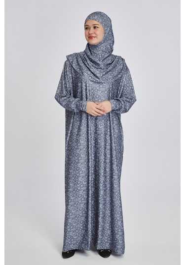 Pratik Tek Parça Çiçek Desenli Namaz Elbisesi Füme