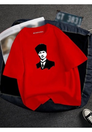 Atatürk Baskılı Oversize Unisex Tişört Kirmizi