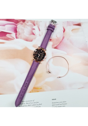 Kadın Saat Seti Bilezik Moda Aydınlık Eller Dişli Hareket Retro Kuvars Kol Saati Mor Diğer