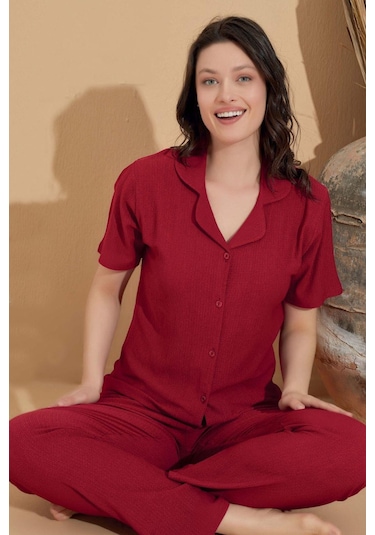 Lukitus Gömlek Yaka Bürümcük Kısa Kol Pijama Takımı Bordo