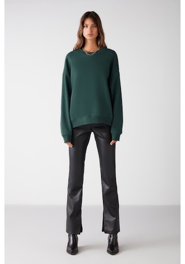 Grimelange Susana -  Kadın Bisiklet Yaka Içi Polarlı Oversize Fit Basic Koyu Yeşil Sweatshirt