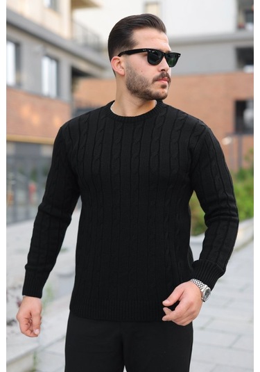 Erkek Örgü Desen Bisiklet Yaka Kazak Siyah