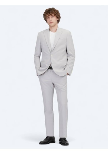 Açık Gri Düz Slim Fit Takım Elbise Açık Gri