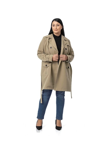 Büyük Beden Kruvaze Kolu Bant Detaylı Cepli Kuşaklı Astarlı Çağla Yeşili Trençkot Çağla Yeşili