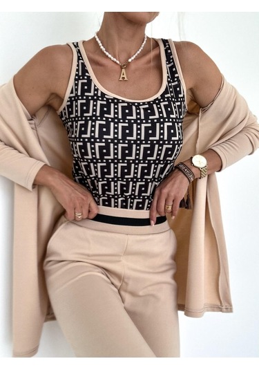 Modasize Kadın Uzun Kollu Krep Üçlü Takım Bej