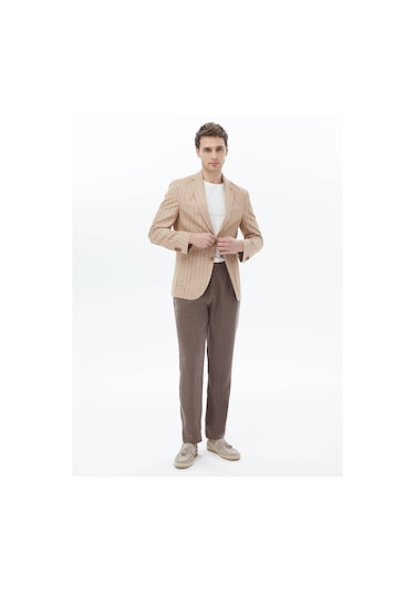 Kip Kiremit Çizgili Modern Fit Pamuk Karışımlı Ceket 001