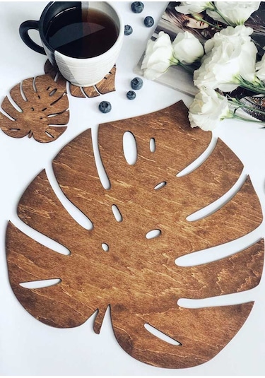 Ahşap Yaprak Şeklinde Çift Katman Bardak Altlığı Sunum Tepsisi Kahverengi Kahverengi