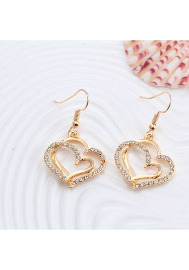 Çok Şık ,Taş İşlemeli, Kalp Takı Seti Kolye Küpe18Gp Sevgililer