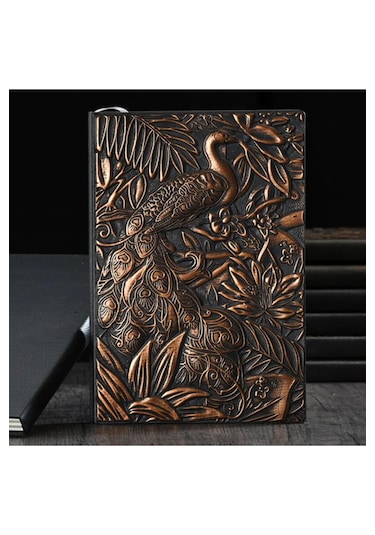 Hediyelik Tavus Kuşu Kabartmalı Deri Defter Kahverengi