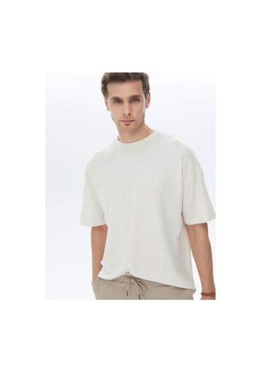 Bej Jakarlı Bisiklet Yaka Keten Karışımlı T-shirt Bej