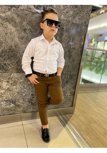 Modavals Erkek Çocuk 3 Parça Gabardin Pantolon & Gömlek & Kemer Kombin-beyaz-745236982 Taba
