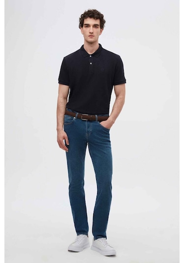 D's Damat Ds Damat Regular Fit Lacivert Pike Dokulu %100 Pamuk Kıvrılmaz Polo Yaka Nakışlı T-shirt 4HC14ORT51000 Lacivert