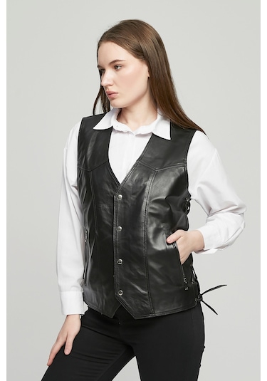 Hakiki Deri Yandan Ayarlanabilir Bağcıklı Yelek Siyah Renk Siyah