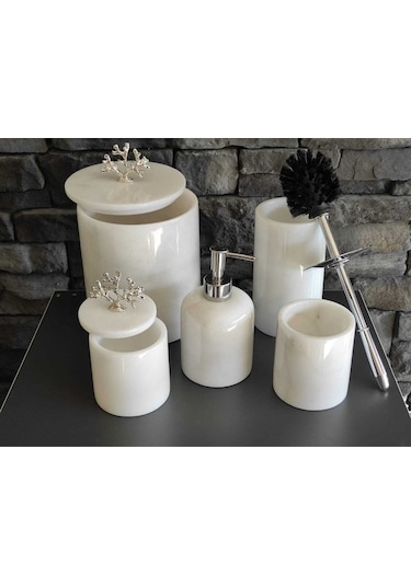 Beyaz Mermer Gümüş Renkli Mercan Aksesuarlı 5'li Banyo Seti Beyaz