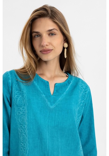 Turkuaz İşlemeli Uzun Kollu Astarsız Pamuklu Kısa Elbise-turkuaz Turkuaz