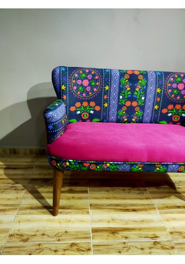 Azra Mobilya - Roma Çay Seti Koltuk Takımı - Babyface Kumaş - Ahşap Demonte Ayak Etnik Desen Fuşya