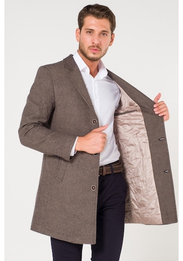 Slimfit V Yaka Kışlık Kırçıllı Kahverengi Kaban Palto-Kahverengi