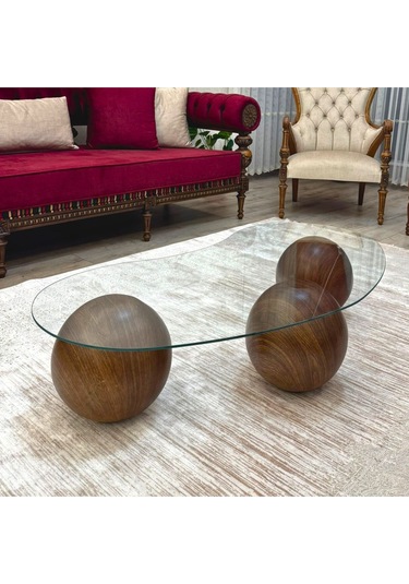 Top Sehpa & Küre Cam Orta Sehpa Kaplama Ahşap Desen Sehpa