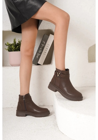 D0802 Kadın Yanı Tokalı Ortopedik Soğuk Geçirmez Bot Kahverengi