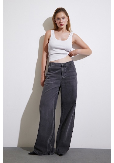 Never More Yüksek Bel Geniş Paça Jean Füme