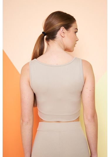 Fitilli Kare Yaka Esnek Örme Crop Büstiyer 3'lü Atlet Set Siyah - Haki - Bej