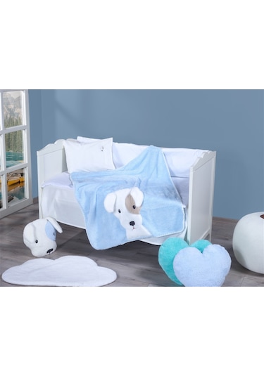 Lüx Sevimli Köpek Figürlü Welsoft Battaniye + Yastık Açık Mavi