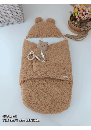 Yenidoğan Kulaklı Şapkalı Açılır Kucaklı Cırt Kapamalı Bebek Battaniyesi Kundak Kahverengi Kahverengi