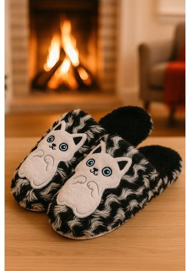 Kıty Cat Kedili Kapalı Kadın Ev Terliği Kışlık Terlik Siyah