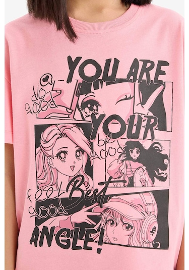 DeFacto Kız Çocuk Relax Fit Bisiklet Yaka Baskılı Kısa Kollu Tişört E0355A825SMPN323 Pembe