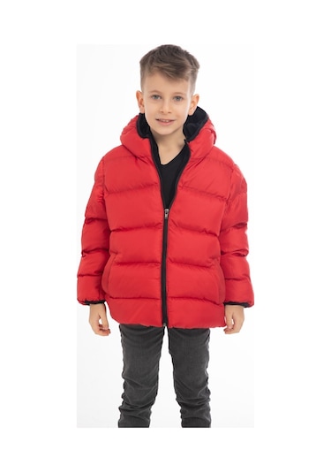 Erkek Çocuk Kırmızı İçi Polarlı Kapüşonlu Su Geçirmez Rüzgara Dayanıklı Şişme Kışlık Mont Kırmızı