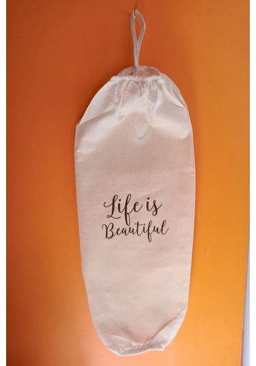 Emtory Home Life Is Beautiful Baskılı Çift Lastikli Naturel Keten Poşetlik