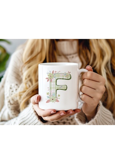 F Harfli Çiçek Desenli Kupa Bardak - Ekose Desenli Yeşil Pembe Desenli Tasarım - Kişiye Özel Hediye Beyaz