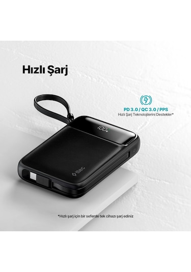 Ttec 2bb215s Recharger Pro Lcd 10.000 Mah Pd 22,5w Lightning Ve Usb-c Dahili Kablolu Taşınabilir Hızlı Şarj Aleti Siyah