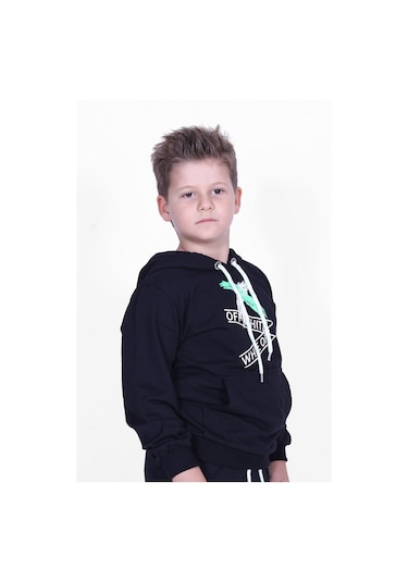 X Baskılı Kanguru Cepli Kapüşonlu Erkek Çocuk Siyah Sweatshirt Siyah