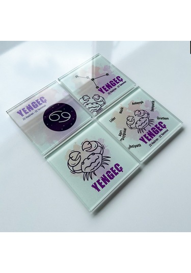 Cam Bardak Altlığı Burçlar - Yengeç Burcu 4'lü Takım Beyaz