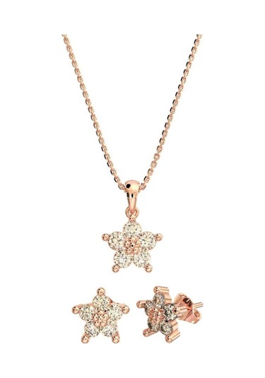 Roza Silver Zirkon Taşlı Rose Manolya Çiçeği Kolye Küpe 2'li Gümüş Set Rs10039