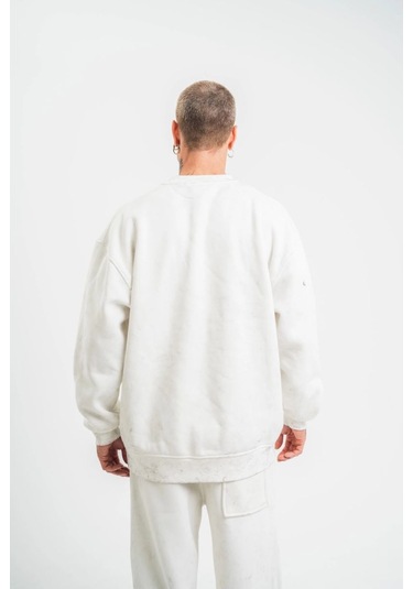 Mbb E-ticaret Erkek 3 İplik Pamuklu Bisiklet Yaka Yıkamalı Sweatshirt - Beyaz