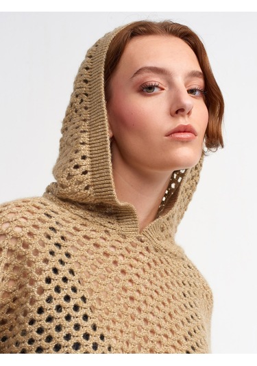 Dilvin Kapşonlu Simli Kimono KazakAltın Altın - Bej