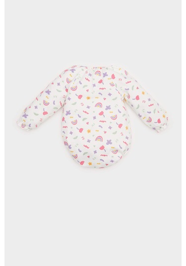 DeFacto Kız Bebek Yenidoğan Bisiklet Yaka Gökkuşağı Baskılı Waffle Uzun Kollu Çıtçıtlı Body E2381A525SPER105 Ekru