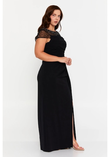 Doridorca Kadın Büyük Beden Taş Süslemeli Derin Yırtmaçlı Maxi Abiye Elbise 7048 Siyah Siyah