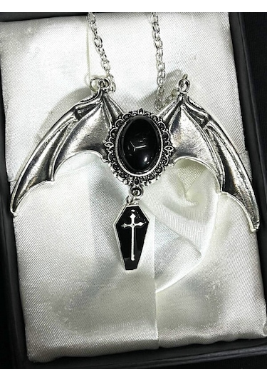 Dükkan Design Gotik Black Bat Cross Tabut Kolye Siyah - Gümüş