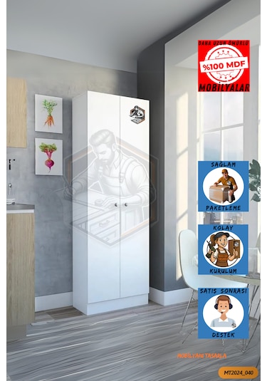 Tamamı Mdf 2 Kapaklı 5 Raflı Beyaz Boy Kiler Dolabı/erzak Dolabı