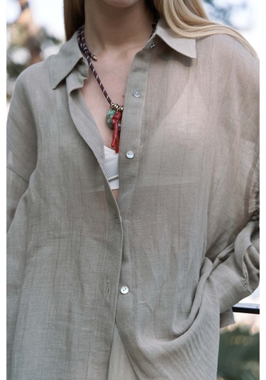 Calynn Sırt Dekolteli Çizgili Haki Keten Gömlek Haki