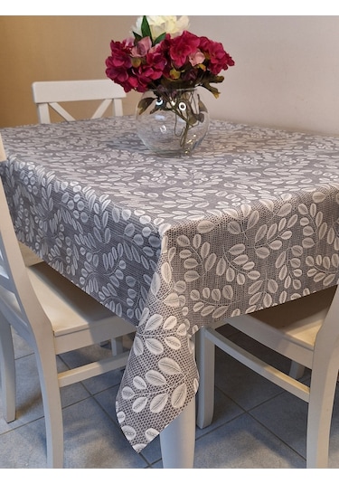 Elyaflı Pvc Muşamba - Desenli Silinebilir Masa Örtüsü Krem Fnt1248 Gri