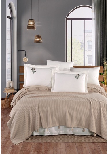 Newhome Çift Kiş. Saçaklı Elnakışlı %100pamuk Piketakımı-kapiçino Cappuccino