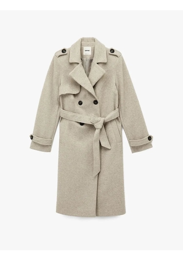 Koton Uzun Kollu Kruvaze Kemerli Uzun Kaşe Ekru Kadın Kaban 6wak00094ew Ekru