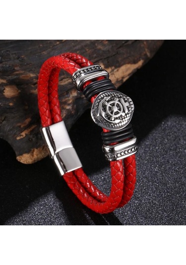 Erkekler İçin Hakiki Deri Bileklik Punk Örgülü İp Çelik Düğme Erkek Bileklik Takı Doğum Günü Hediyesi Kırmızı