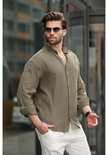 Madmext Haki Basic %100 Pamuklu Uzun Kollu Erkek Gömlek E6761 Haki