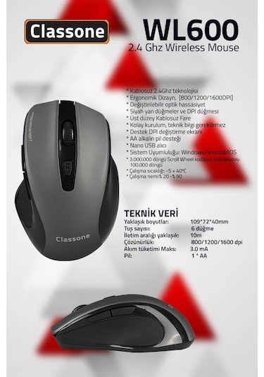 Classone WL600 Serisi Kablosuz Mouse -Siyah/Gri